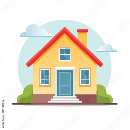 Cartoon yellow house with red roof and blue door set against sky and clouds