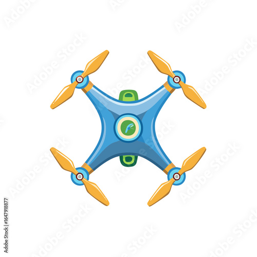 An aerial drone featuring four rotor blades, blue body, and a central camera for photography or videography, isolated.