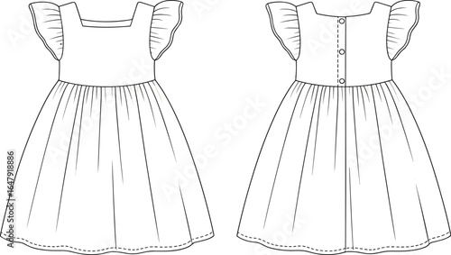 Flat vector CAD drawing of girls’ flutter sleeve dress with square neckline, button back closure, front and back views, apparel