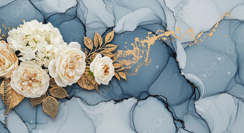 Elegant white roses and gold leaves cascade across abstract blue watercolor with shimmering gold accents