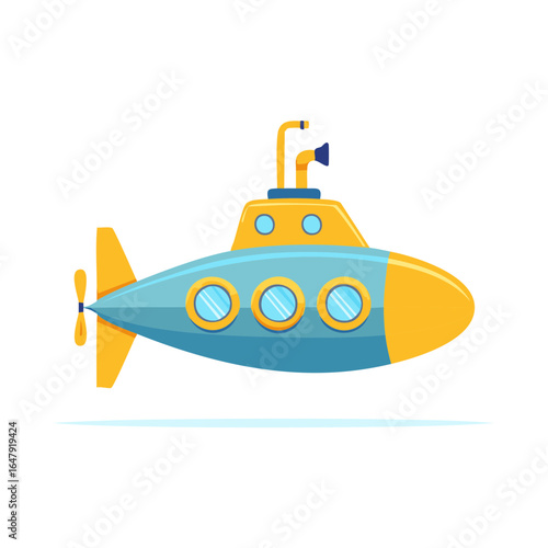 Cartoon illustration of a yellow and blue submarine in flat design