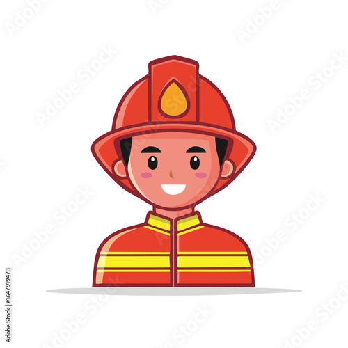 Cartoon firefighter with helmet smiling heroically at the viewer with determination