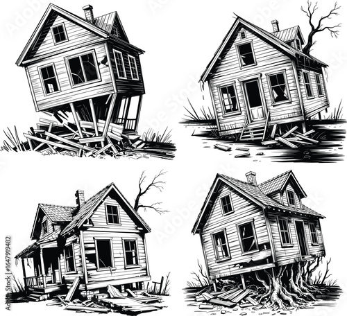 Abandoned Haunted House Set, Creepy Broken Homes with Spooky Atmosphere.