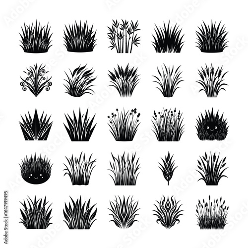 Grass Silhouette Vector Bundle – Black Grass Bushes, Plants, and Foliage Icons Set