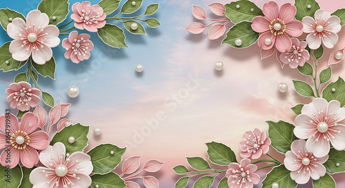 Delicate pink blossoms with pearls adorn a dreamy sky, evoking romance and spring's gentle beauty for elegant designs.