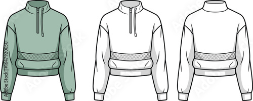 Flat vector CAD drawing of women’s cropped pullover sweatshirt with high collar, front zipper, drawstring, elastic waistband, front and back views