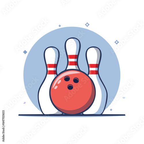 Bowling ball and pins graphic illustration on a blue circle background