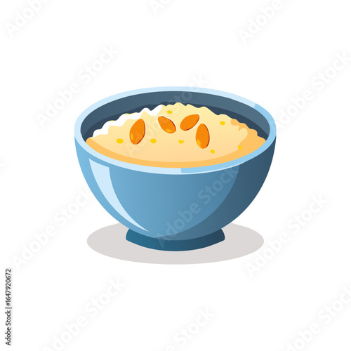 Creamy Porridge with Almonds in Blue Bowl Vector Illustration