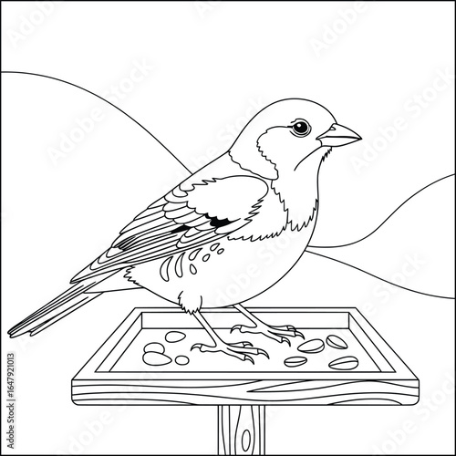 Realistic cartoon bird eating seeds from wooden feeder tray – kids coloring page illustration