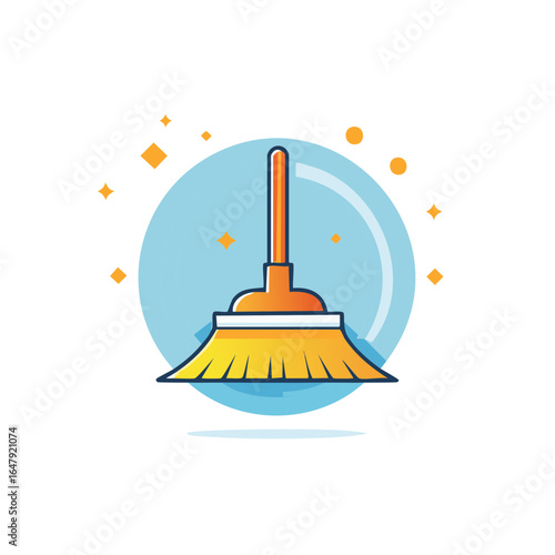 Vibrant cartoon broom illustration with sparkling clean effect and blue circle background element