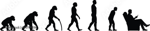 Human evolution stages vector illustration, monkey to modern man, silhouette graphic design, technological age, mobile phone addiction, lifestyle transformation concept art