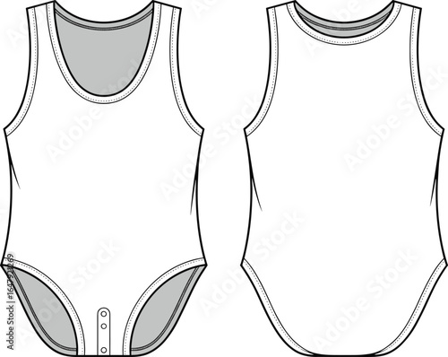 Flat vector CAD drawing of women’s sleeveless bodysuit with snap closure, round neck, front and back views, apparel design