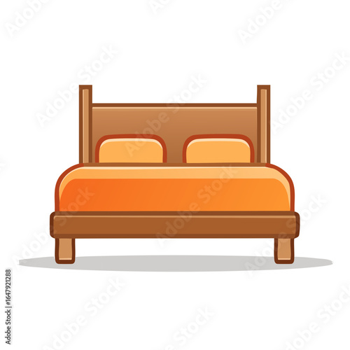 Cartoon style double bed with wooden frame and orange bedding