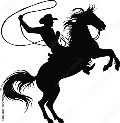 Silhouette of a Cowboy Riding a Rearing Horse and Swinging a Lasso Against a White Background