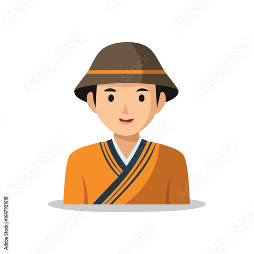 Young Asian man in traditional orange clothing and hat illustration