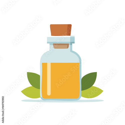 Natural herbal oil in a corked glass bottle for aromatherapy or skincare