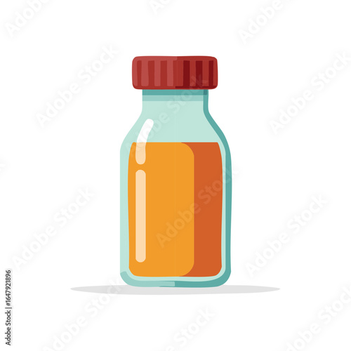 Cartoon style bottle filled with orange liquid and a ribbed red cap