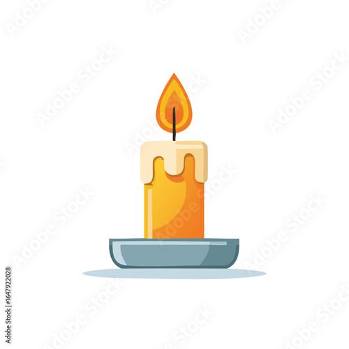 Lit Yellow Candle with Creamy White Wax and Metal Holder Giving off Warm Light and Calm Peaceful Illumination