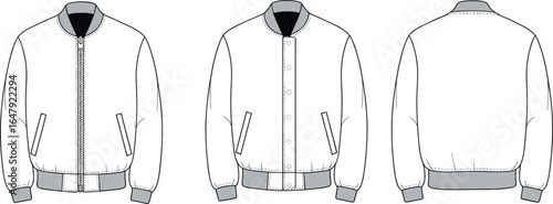 Men’s bomber jacket CAD flat vector drawing with front zip, snap button closure, ribbed collar cuffs waistband, 3 views