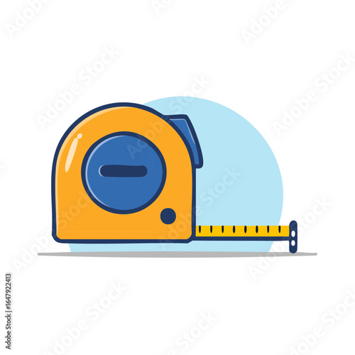 Yellow and blue measuring tape tool with retractable tape extended on light blue background