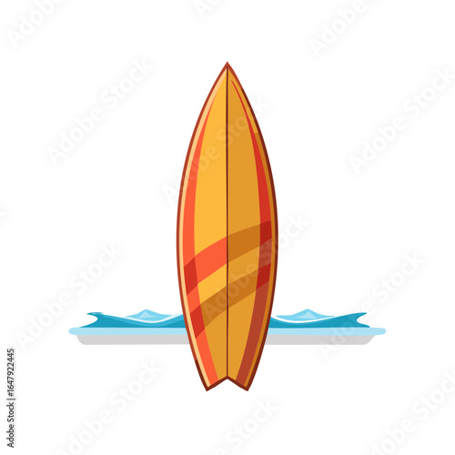Illustration of a colorful surfboard with decorative wave design elements.