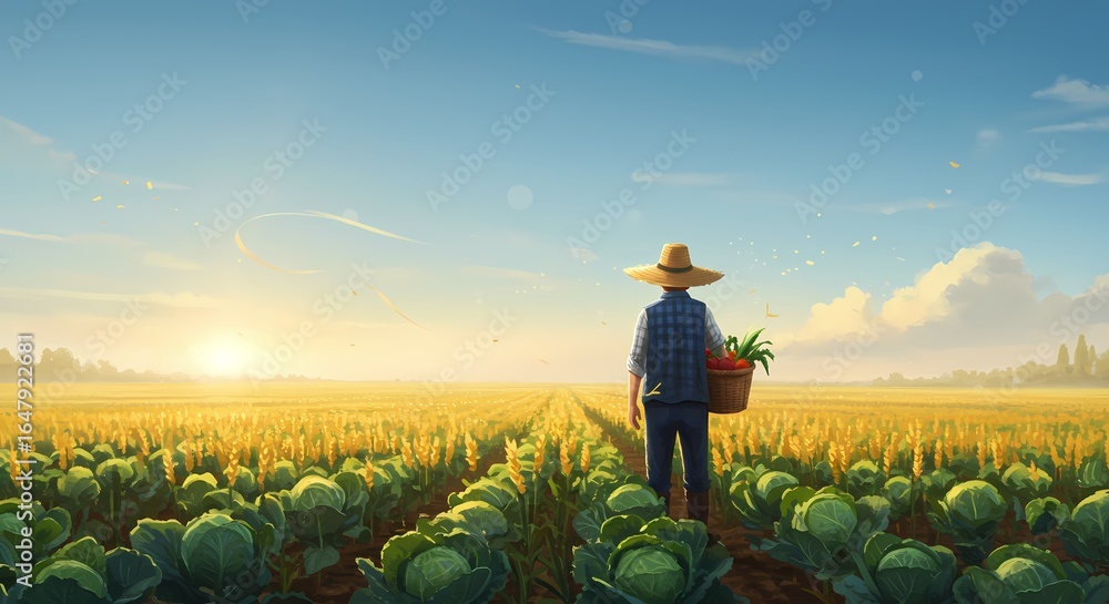 Fototapeta premium Farmer standing in cabbage field at sunrise holding basket of vegetables 