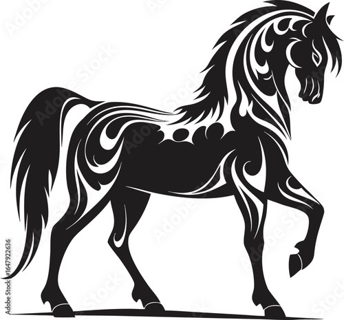 Elegant Black Horse with Tribal Tattoo Design A Majestic Stallion in Intricate Silhouette Art Featuring Flowing Mane and Tail