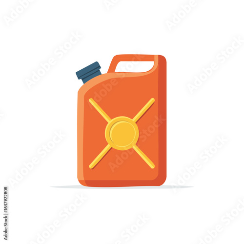 Vivid orange gas can with crossed yellow emblem, blue cap, cartoon style vector isolated on white