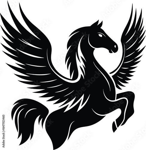Majestic Pegasus Soaring High An Emblem of Grace and Freedom Portrayed in a Striking Black and White Silhouette Design
