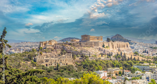 Panorama of the acropolis crowing over the old city center of Athens, Attica, Greece