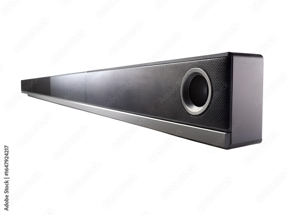 Fototapeta premium Modern black soundbar speaker for home theater entertainment system, isolated on transparent background