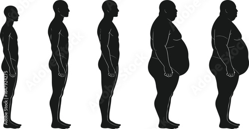 Male body silhouette evolution, weight gain stages, slim to obese, profile view, fitness, health, obesity concept, black vector illustration, anatomy reference