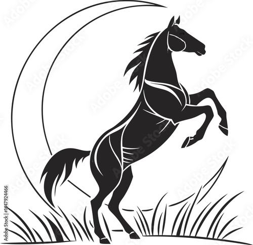 Majestic Stallion Silhouette Rearing Under a Crescent Moon in a Grassy Field Artistic and Striking Design