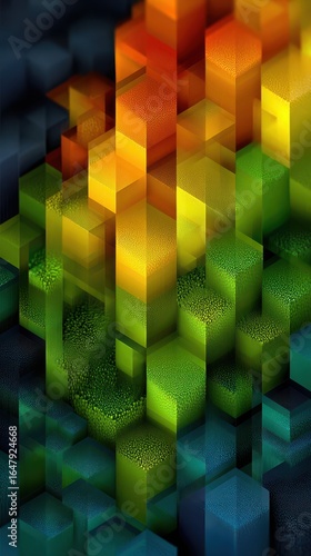 Colorful geometric shapes create a vibrant abstract design with layers and depth showcasing vivid hues of yellow, orange, and green