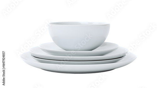 Elevate your dining experience with this elegant stack of modern white plates and a versatile bowl