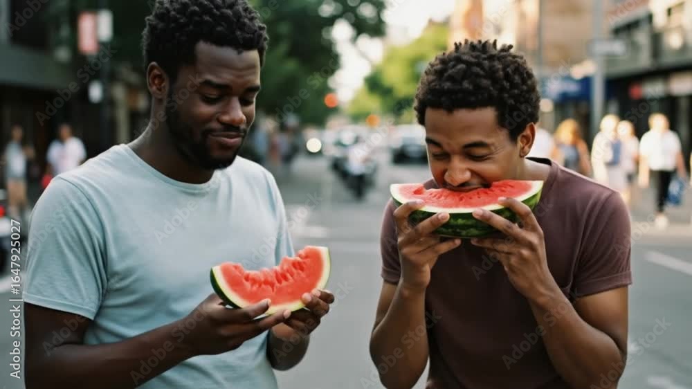 Two black men enjoying watermelon slices on urban street in summer Two black men enjoying watermelon slices on urban street in summer