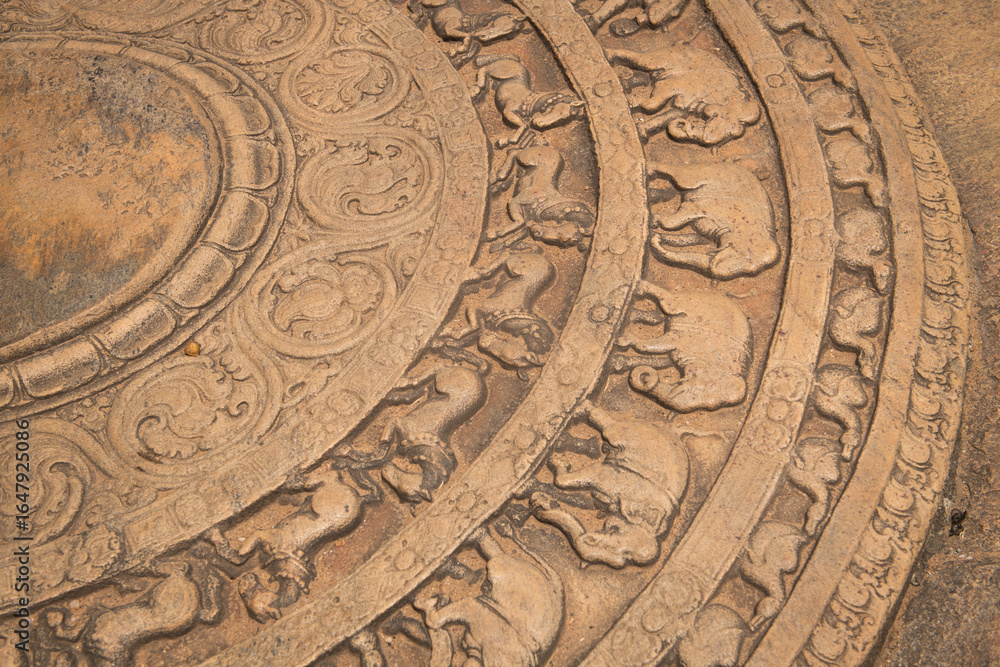 detail of Sandakada Pahana or Moonstone in temple of sri lanka carved semi-circular stone slab feraturing animal motifs detail of Sandakada Pahana or Moonstone in temple of sri lanka carved semi-circular stone slab feraturing animal motifs
