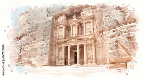 Historical building of Petra carved into rock in soft watercolor style  