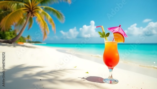Fototapeta Naklejka Na Ścianę i Meble -  Tropical cocktail on a white sand beach with palm trees and turquoise ocean view