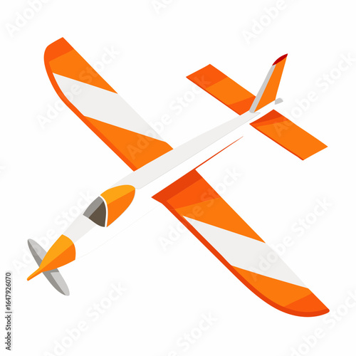 Orange and white striped airplane flying isolated on white background