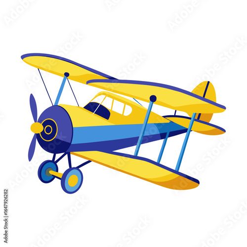 Yellow and blue biplane aircraft isolated on white background