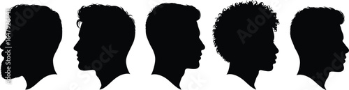 Male profile silhouettes, different hairstyles, beard and clean shave styles, side view heads, vector illustration, black shapes, modern men haircut design