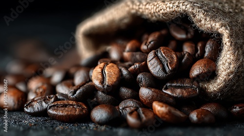 Wallpaper Mural Rich roasted coffee beans spill from burlap sack onto dark surface Torontodigital.ca
