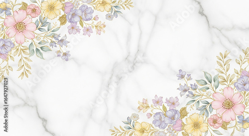 Delicate pastel floral arrangement beautifully adorns a luxurious white marble background creating an elegant and serene aesthetic