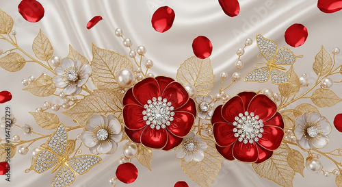 Elegant floral design with red and white blossoms, gold leaves, pearls, and sparkling butterflies evokes luxury and romance