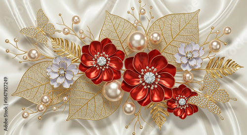 Elegant floral arrangement with red flowers, pearls, and butterflies on luxurious satin background