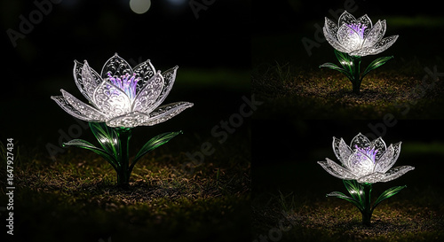 Elegant lotus solar light illuminates garden path at night with soft, enchanting glow, creating magical ambiance.