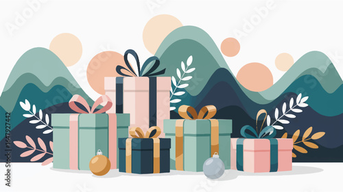 Festive gift boxes with decorative foliage and abstract mountain backdrop gifts presents