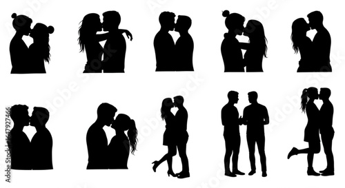 Romantic lovely Couples standing with romance so cute kissing seen silhouette on white background
