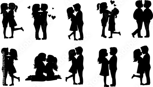 Romantic lovely Couples standing with romance so cute kissing seen silhouette on white background
